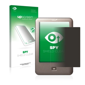 Parte frontale di una confezione del prodotto con il logo del marchio upscreen. Accanto è raffigurato il dispositivo Tolino Sh