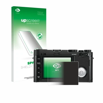 Parte frontale di una confezione del prodotto con il logo del marchio upscreen. Accanto è raffigurato il dispositivo Leica X V