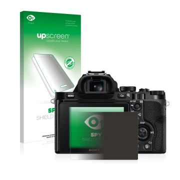 Parte frontale di una confezione del prodotto con il logo del marchio upscreen. Accanto è raffigurato il dispositivo Sony Alph