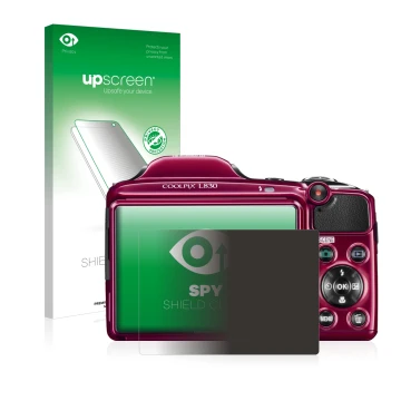 Parte frontale di una confezione del prodotto con il logo del marchio upscreen. Accanto è raffigurato il dispositivo Nikon Coo