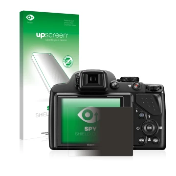 Parte frontale di una confezione del prodotto con il logo del marchio upscreen. Accanto è raffigurato il dispositivo Nikon Coo