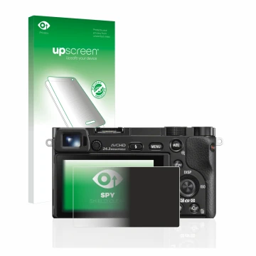 Parte frontale di una confezione del prodotto con il logo del marchio upscreen. Accanto è raffigurato il dispositivo Sony Alph