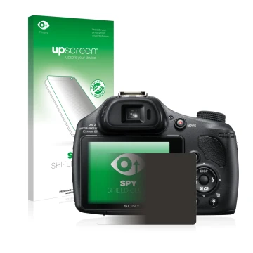 Parte frontale di una confezione del prodotto con il logo del marchio upscreen. Accanto è raffigurato il dispositivo Sony Cybe