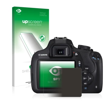 Parte frontale di una confezione del prodotto con il logo del marchio upscreen. Accanto è raffigurato il dispositivo Canon EOS