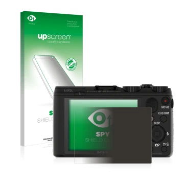 Parte frontale di una confezione del prodotto con il logo del marchio upscreen. Accanto è raffigurato il dispositivo Sony Cybe