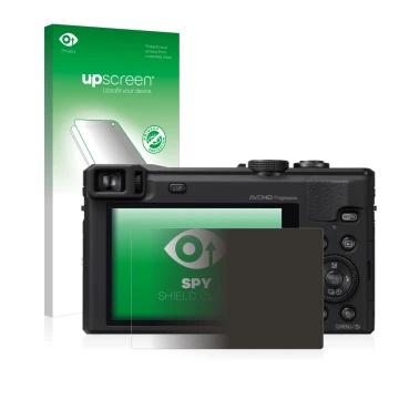 Parte frontale di una confezione del prodotto con il logo del marchio upscreen. Accanto è raffigurato il dispositivo Panasonic