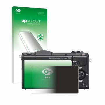 Parte frontale di una confezione del prodotto con il logo del marchio upscreen. Accanto è raffigurato il dispositivo Sony Alph