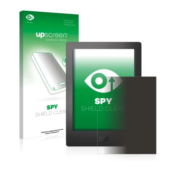 Parte frontale di una confezione del prodotto con il logo del marchio upscreen. Accanto è raffigurato il dispositivo Kobo Aura