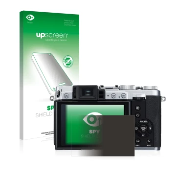 Parte frontale di una confezione del prodotto con il logo del marchio upscreen. Accanto è raffigurato il dispositivo Fujifilm 