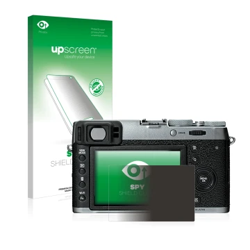 Parte frontale di una confezione del prodotto con il logo del marchio upscreen. Accanto è raffigurato il dispositivo Fujifilm 