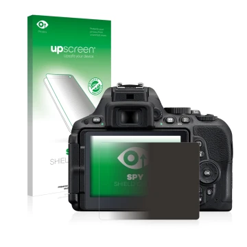 Parte frontale di una confezione del prodotto con il logo del marchio upscreen. Accanto è raffigurato il dispositivo Nikon D55