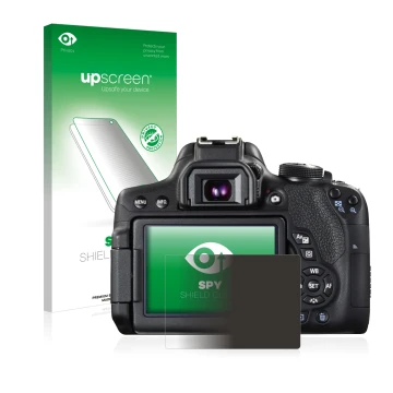 Parte frontale di una confezione del prodotto con il logo del marchio upscreen. Accanto è raffigurato il dispositivo Canon EOS