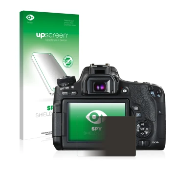 Parte frontale di una confezione del prodotto con il logo del marchio upscreen. Accanto è raffigurato il dispositivo Canon EOS