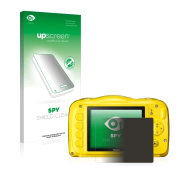 Parte frontale di una confezione del prodotto con il logo del marchio upscreen. Accanto è raffigurato il dispositivo Nikon Coo