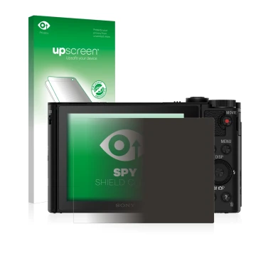Parte frontale di una confezione del prodotto con il logo del marchio upscreen. Accanto è raffigurato il dispositivo Sony Cybe