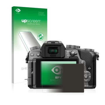 Parte frontale di una confezione del prodotto con il logo del marchio upscreen. Accanto è raffigurato il dispositivo Panasonic