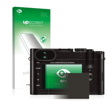 Parte frontale di una confezione del prodotto con il logo del marchio upscreen. Accanto è raffigurato il dispositivo Leica Q (