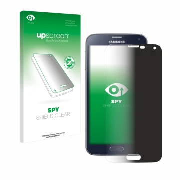 Parte frontale di una confezione del prodotto con il logo del marchio upscreen. Accanto è raffigurato il dispositivo Samsung G