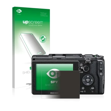 Parte frontale di una confezione del prodotto con il logo del marchio upscreen. Accanto è raffigurato il dispositivo Ricoh GR 