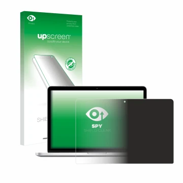 Parte frontale di una confezione del prodotto con il logo del marchio upscreen. Accanto è raffigurato il dispositivo Apple Mac