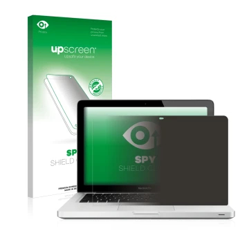 Parte frontale di una confezione del prodotto con il logo del marchio upscreen. Accanto è raffigurato il dispositivo Apple Mac