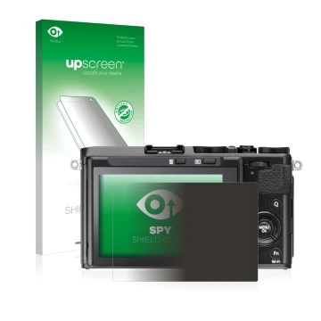 Parte frontale di una confezione del prodotto con il logo del marchio upscreen. Accanto è raffigurato il dispositivo Fujifilm 