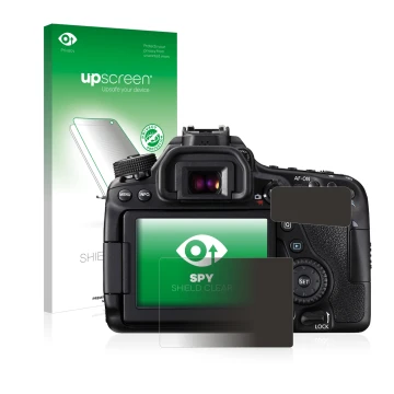 Parte frontale di una confezione del prodotto con il logo del marchio upscreen. Accanto è raffigurato il dispositivo Canon EOS