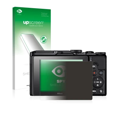 Parte frontale di una confezione del prodotto con il logo del marchio upscreen. Accanto è raffigurato il dispositivo Nikon Coo