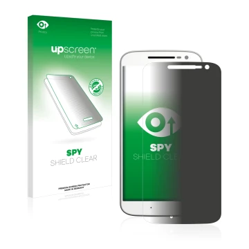 Parte frontale di una confezione del prodotto con il logo del marchio upscreen. Accanto è raffigurato il dispositivo Motorola 