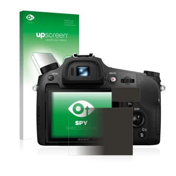 Parte frontale di una confezione del prodotto con il logo del marchio upscreen. Accanto è raffigurato il dispositivo Sony Cybe