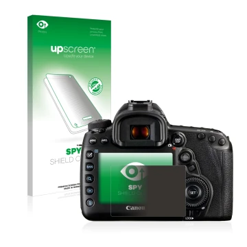 Parte frontale di una confezione del prodotto con il logo del marchio upscreen. Accanto è raffigurato il dispositivo Canon EOS