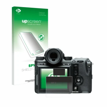 Parte frontale di una confezione del prodotto con il logo del marchio upscreen. Accanto è raffigurato il dispositivo Fujifilm 
