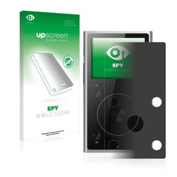 Parte frontale di una confezione del prodotto con il logo del marchio upscreen. Accanto è raffigurato il dispositivo FiiO X1 I