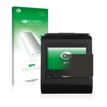 Parte frontale di una confezione del prodotto con il logo del marchio upscreen. Accanto è raffigurato il dispositivo Signotec 