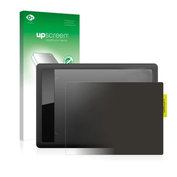 Parte frontale di una confezione del prodotto con il logo del marchio upscreen. Accanto è raffigurato il dispositivo Wacom One