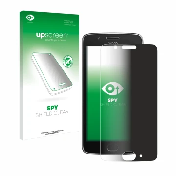 Parte frontale di una confezione del prodotto con il logo del marchio upscreen. Accanto è raffigurato il dispositivo Motorola 