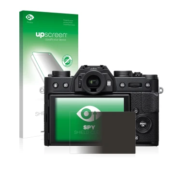 Parte frontale di una confezione del prodotto con il logo del marchio upscreen. Accanto è raffigurato il dispositivo Fujifilm 