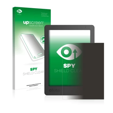 Parte frontale di una confezione del prodotto con il logo del marchio upscreen. Accanto è raffigurato il dispositivo Kobo Aura