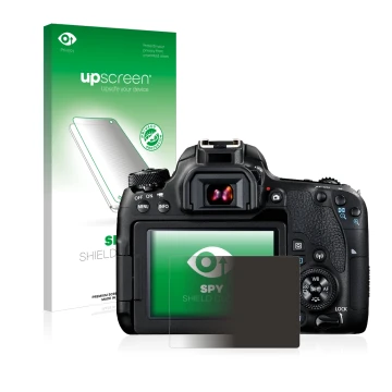 Parte frontale di una confezione del prodotto con il logo del marchio upscreen. Accanto è raffigurato il dispositivo Canon EOS