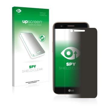 Parte frontale di una confezione del prodotto con il logo del marchio upscreen. Accanto è raffigurato il dispositivo LG K10 20