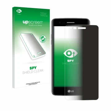 Parte frontale di una confezione del prodotto con il logo del marchio upscreen. Accanto è raffigurato il dispositivo LG K8 201