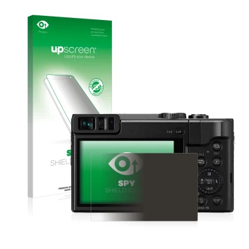 Parte frontale di una confezione del prodotto con il logo del marchio upscreen. Accanto è raffigurato il dispositivo Panasonic