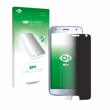 Parte frontale di una confezione del prodotto con il logo del marchio upscreen. Accanto è raffigurato il dispositivo Motorola 