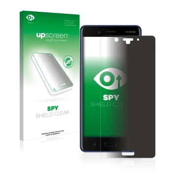 Parte frontale di una confezione del prodotto con il logo del marchio upscreen. Accanto è raffigurato il dispositivo Nokia 8 c