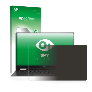 Parte frontale di una confezione del prodotto con il logo del marchio upscreen. Accanto è raffigurato il dispositivo Dell XPS 