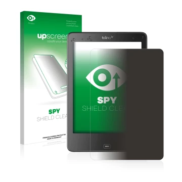 Parte frontale di una confezione del prodotto con il logo del marchio upscreen. Accanto è raffigurato il dispositivo Tolino Ep