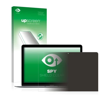 Parte frontale di una confezione del prodotto con il logo del marchio upscreen. Accanto è raffigurato il dispositivo Apple Mac