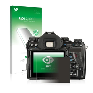 Parte frontale di una confezione del prodotto con il logo del marchio upscreen. Accanto è raffigurato il dispositivo Pentax K-
