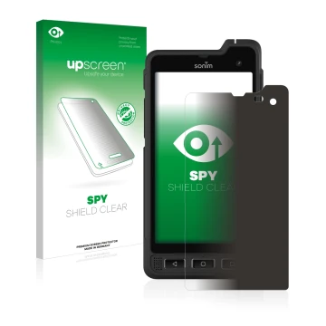 Parte frontale di una confezione del prodotto con il logo del marchio upscreen. Accanto è raffigurato il dispositivo Sonim XP8