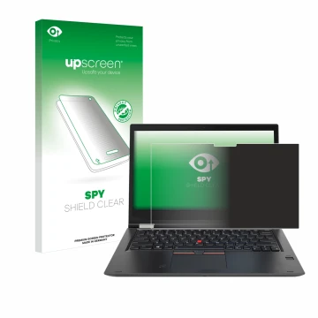Parte frontale di una confezione del prodotto con il logo del marchio upscreen. Accanto è raffigurato il dispositivo Lenovo Th